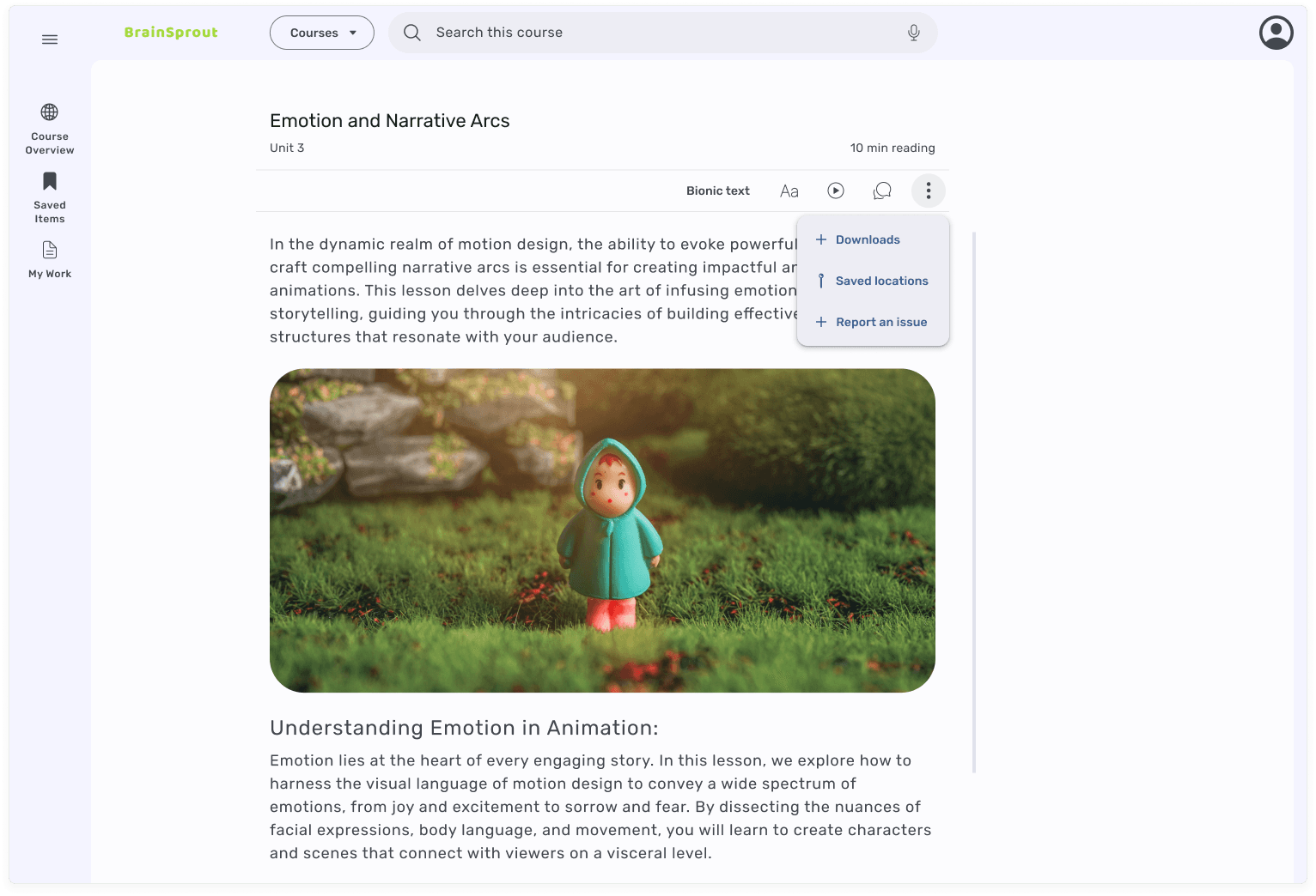 Screen of reading lesson options expanded