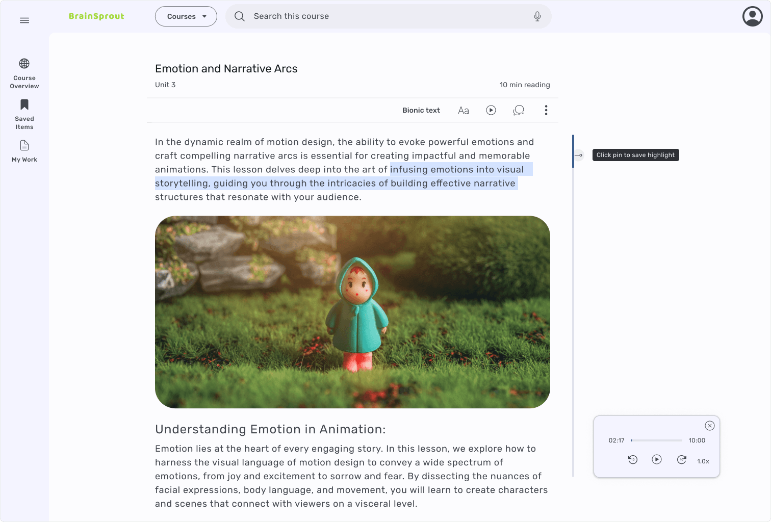 Reading lesson screen with audio player open and text highlighted to show bookmarking feature