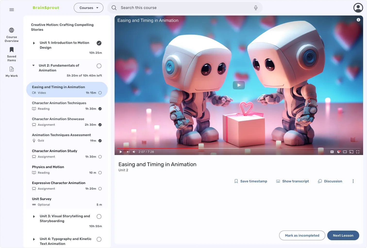 Final design screen of video lesson with app side navigation expanded