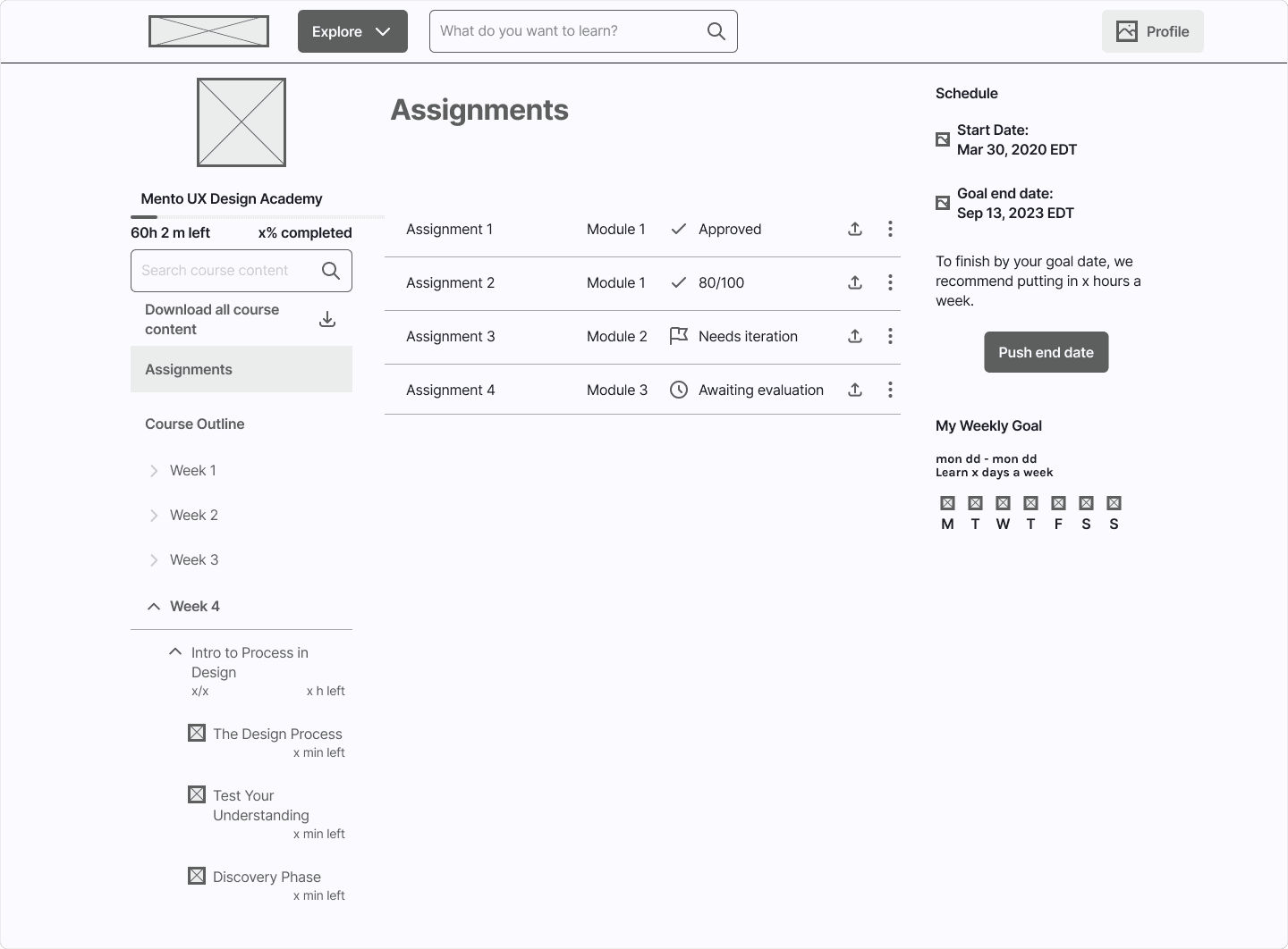 Screen of assignments page before