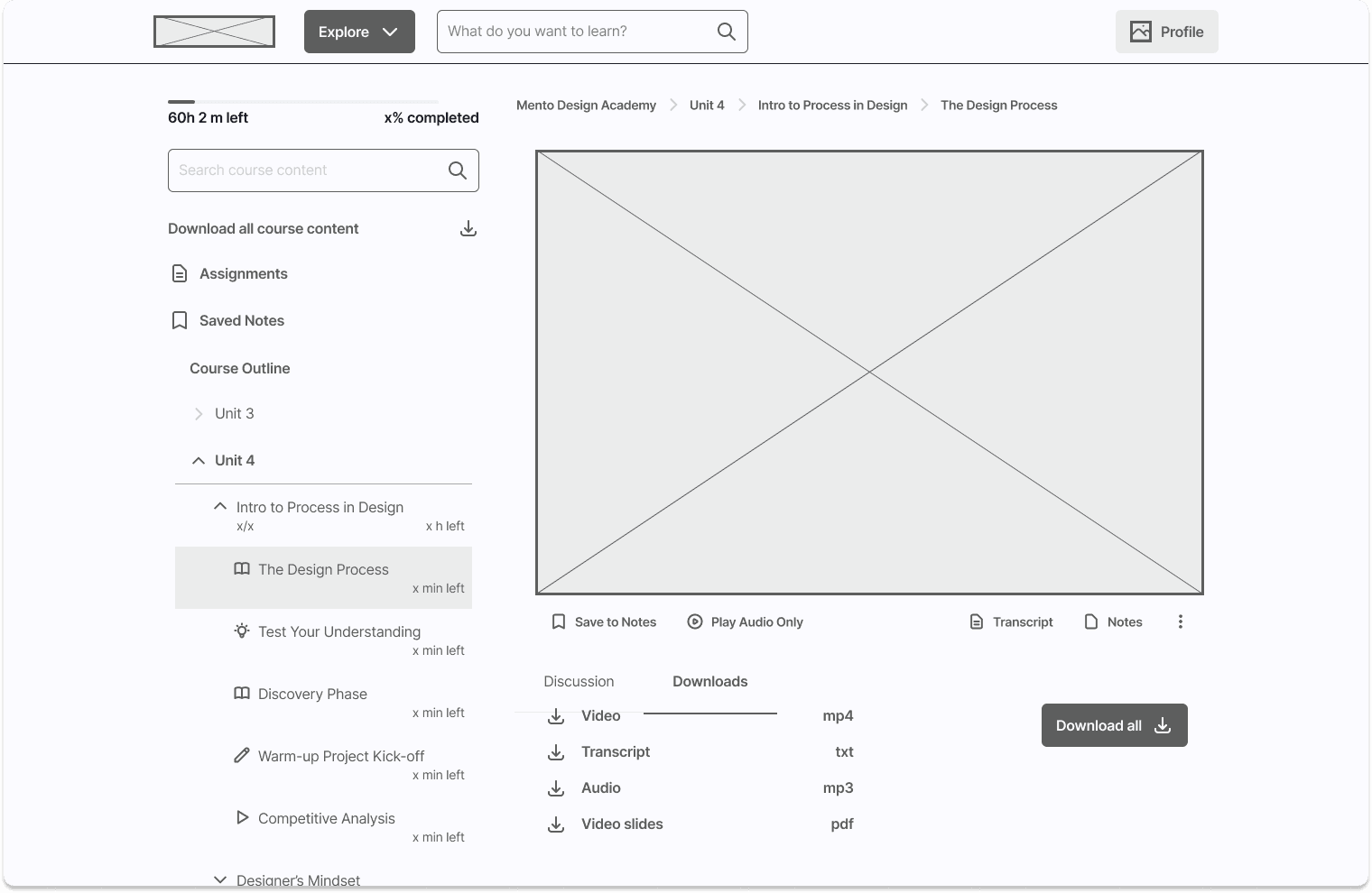A website wireframe with a course on design.