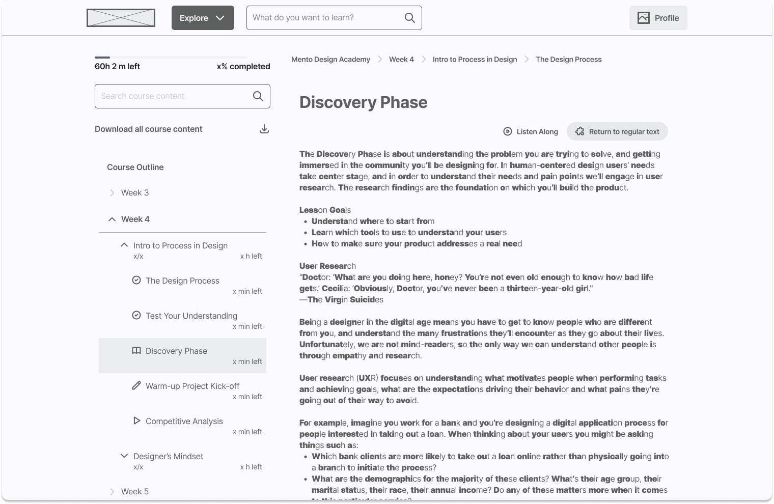 A website wireframe with a page titled Discovery Phase.