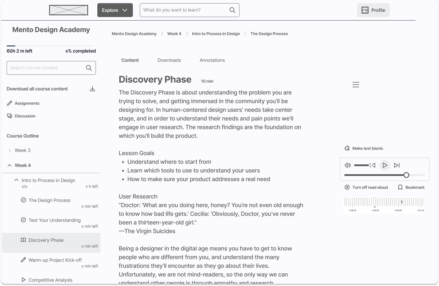 A website wireframe with a course on design.