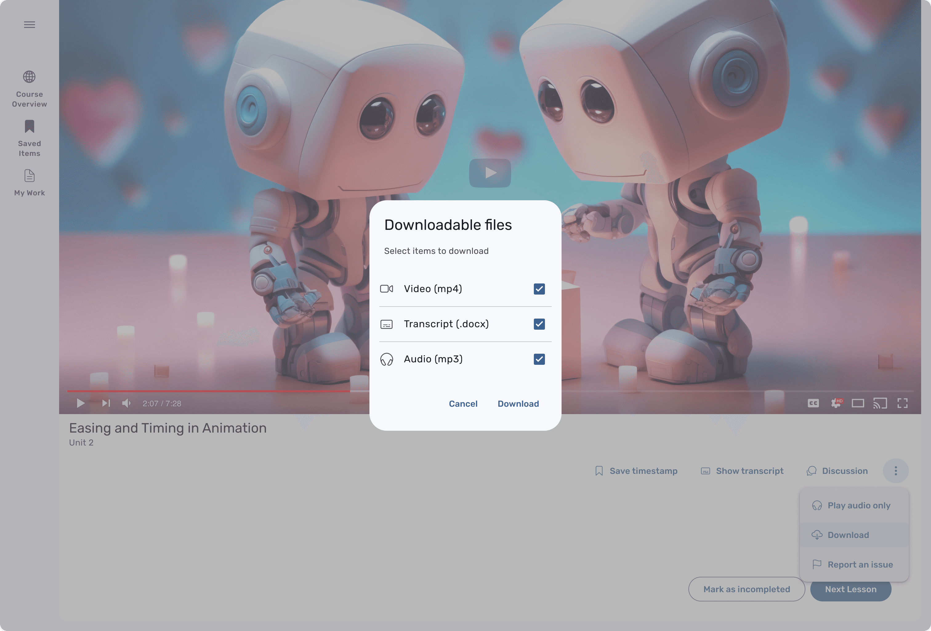 Screen depicting a video still with 2 cartoon robot characters are holding a box with a heart on it