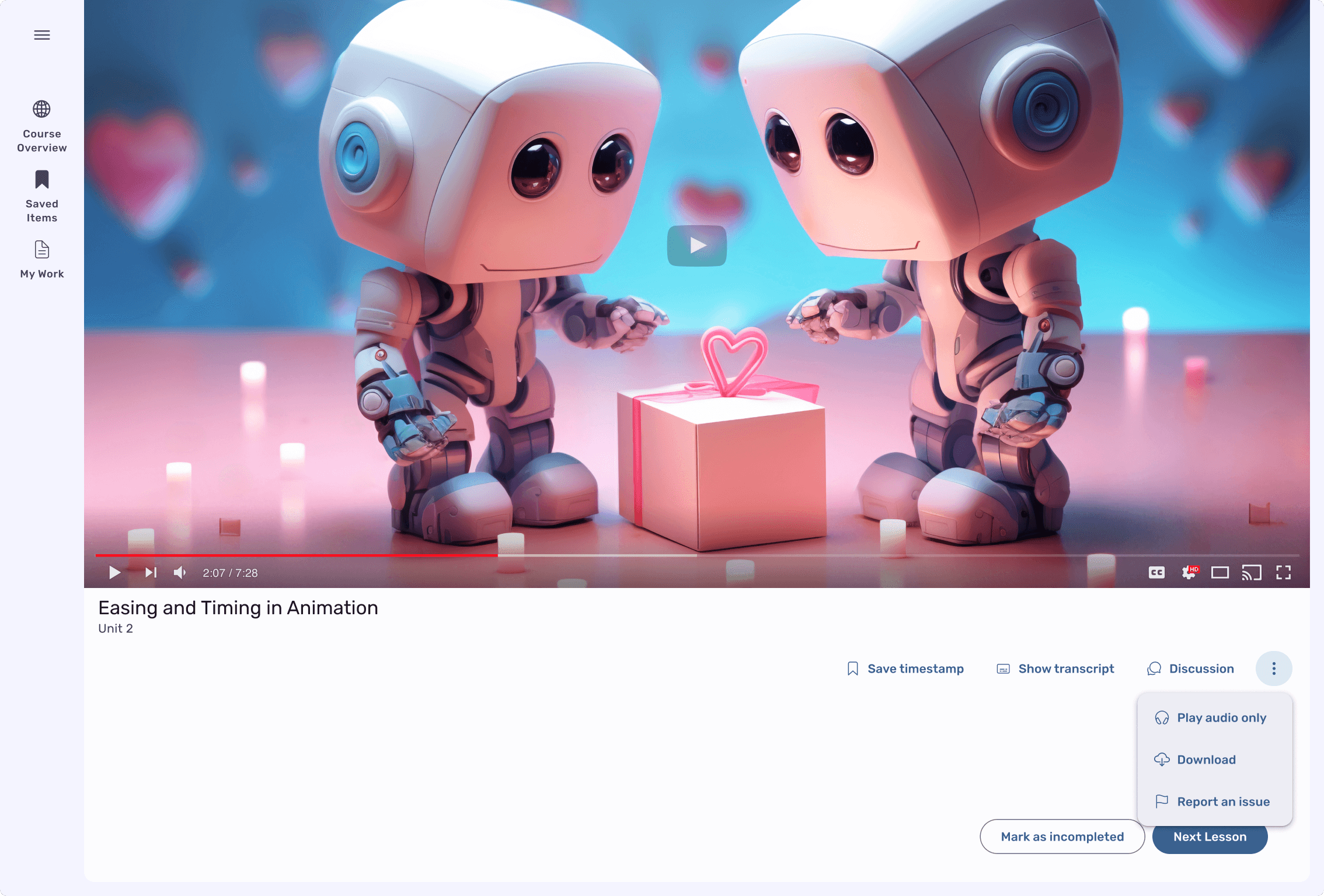 Screen depicting a video still with 2 cartoon robot characters are holding a box with a heart on it