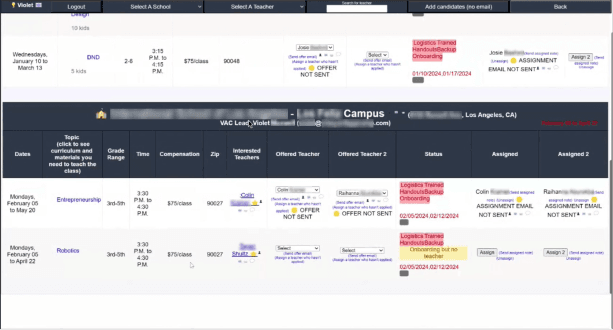 Screenshot of webpage showing a list of classes