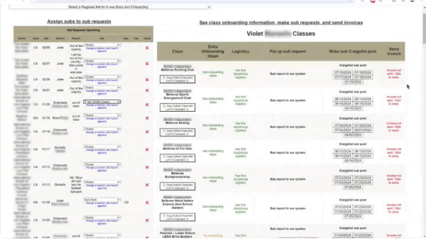 Screenshot of webpage showing a list of teachers