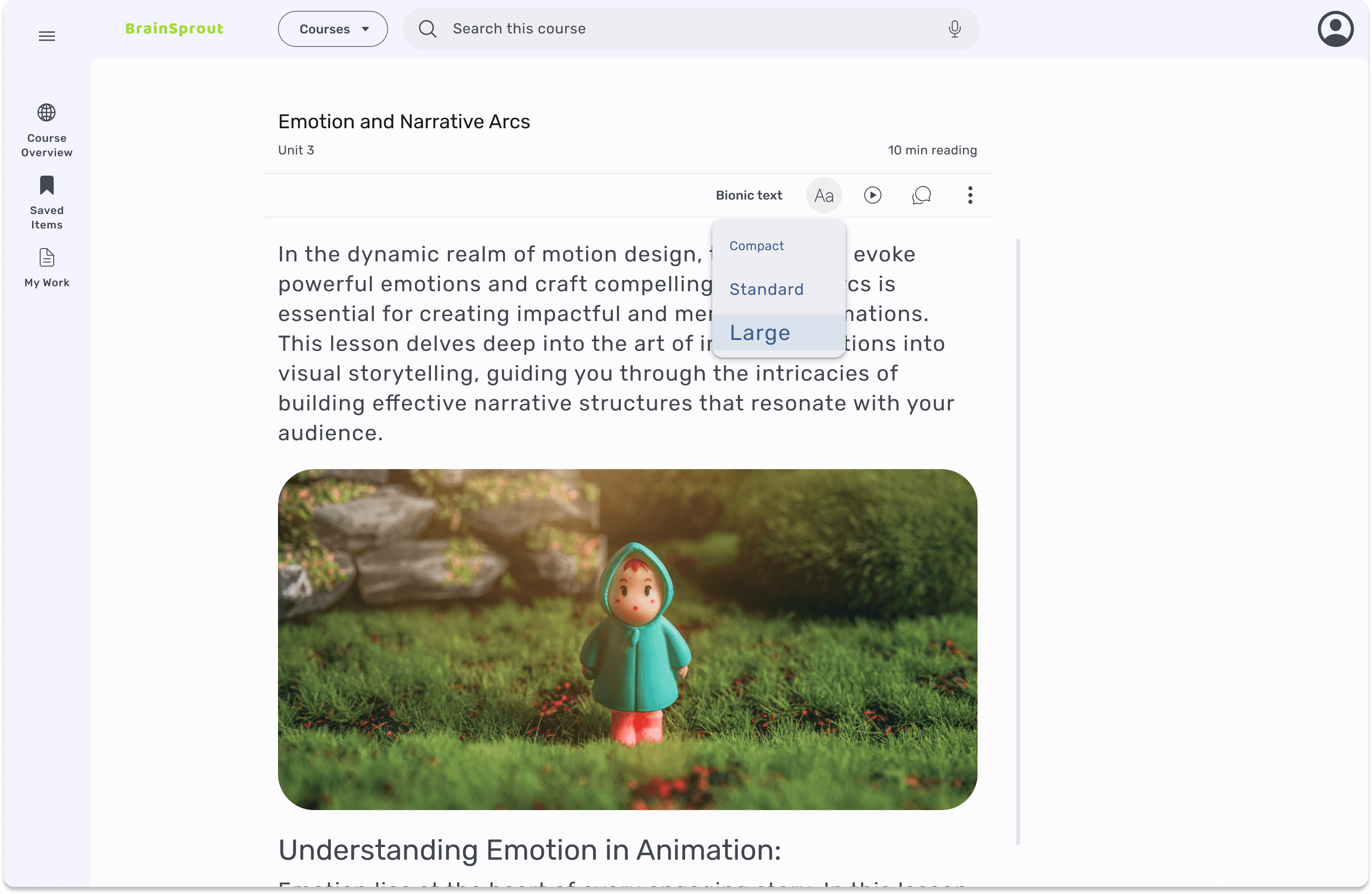 Screen of website with reading content and illustration of a cute girl