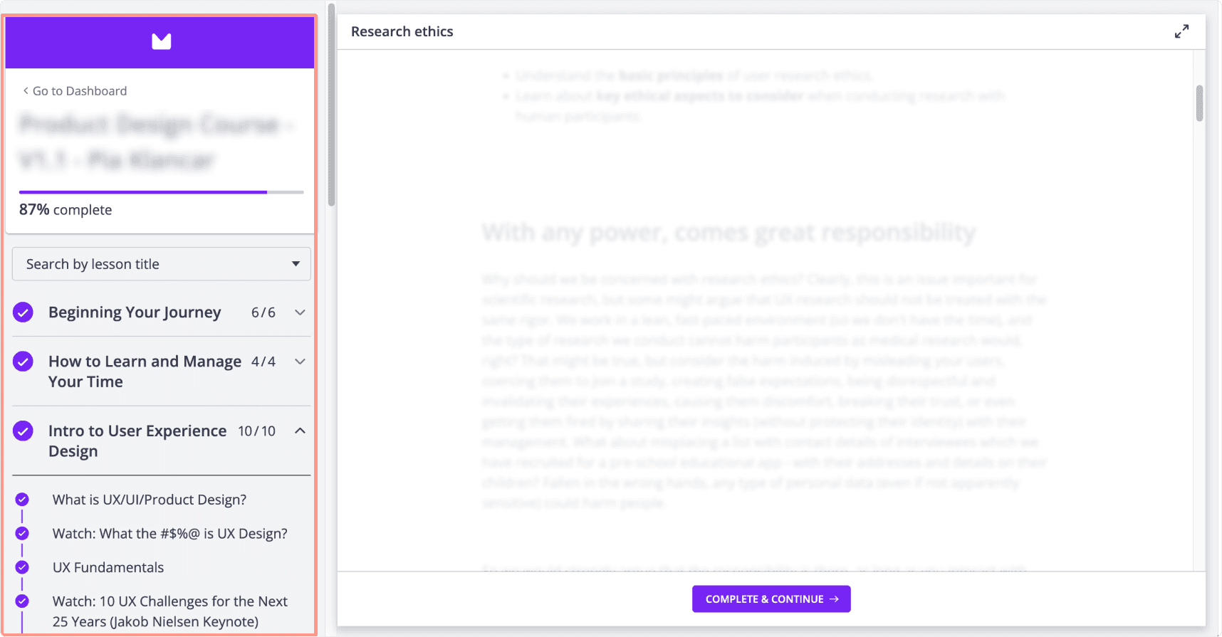 Thinkific platform with expanded left menu displaying course overview but no time estimates