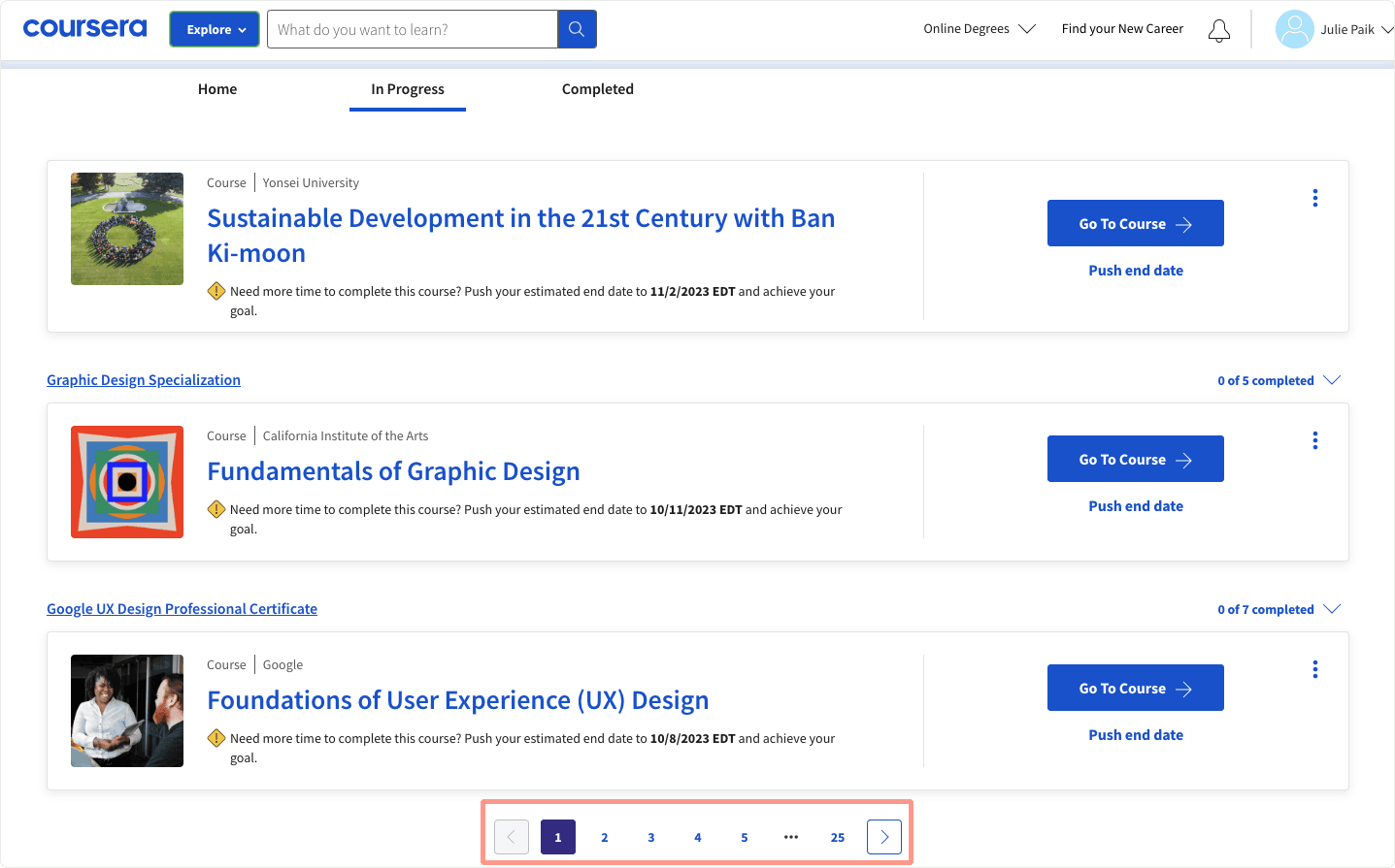 "My courses" page of Coursera, showing 3 courses and pagination of 25 pages to click through