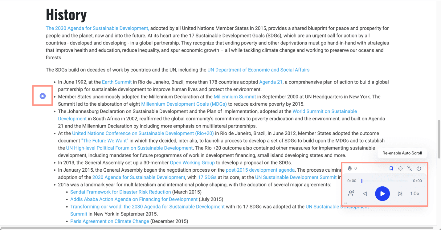 Screenshot of website with Speechify Chrome extension in use