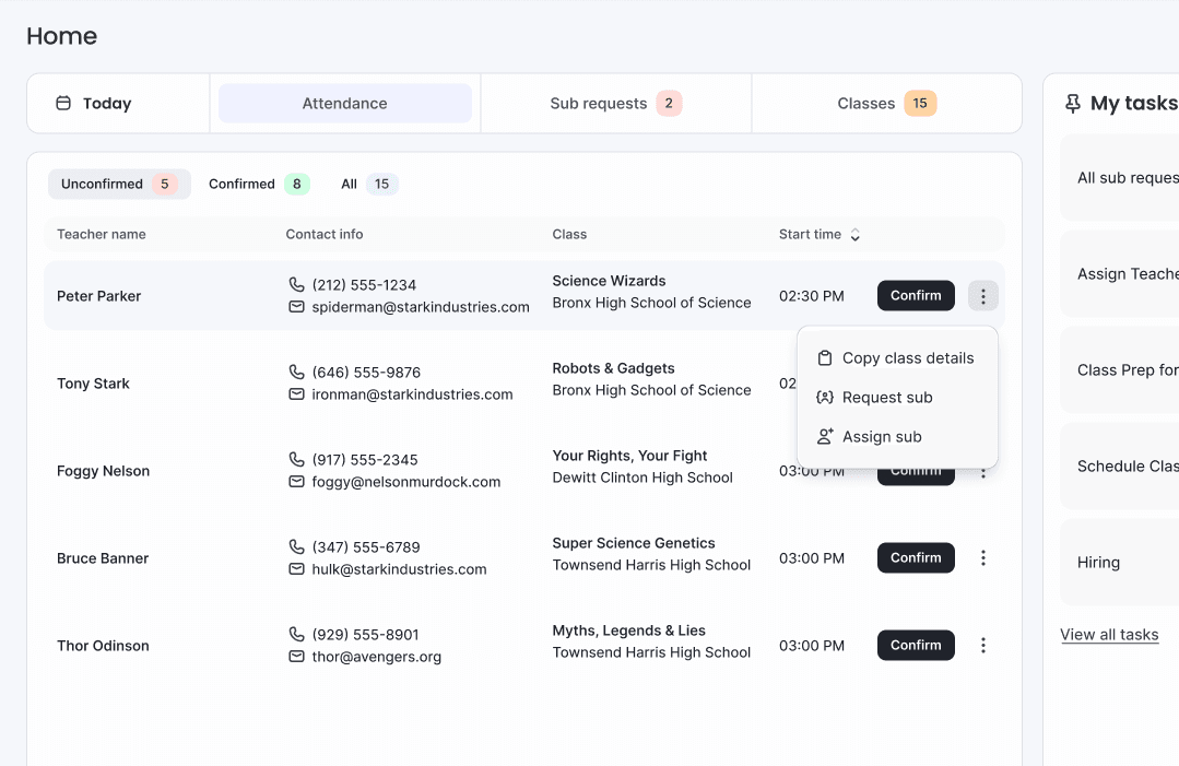 A screenshot of a website with a list of classes and teachers and a button to confirm.