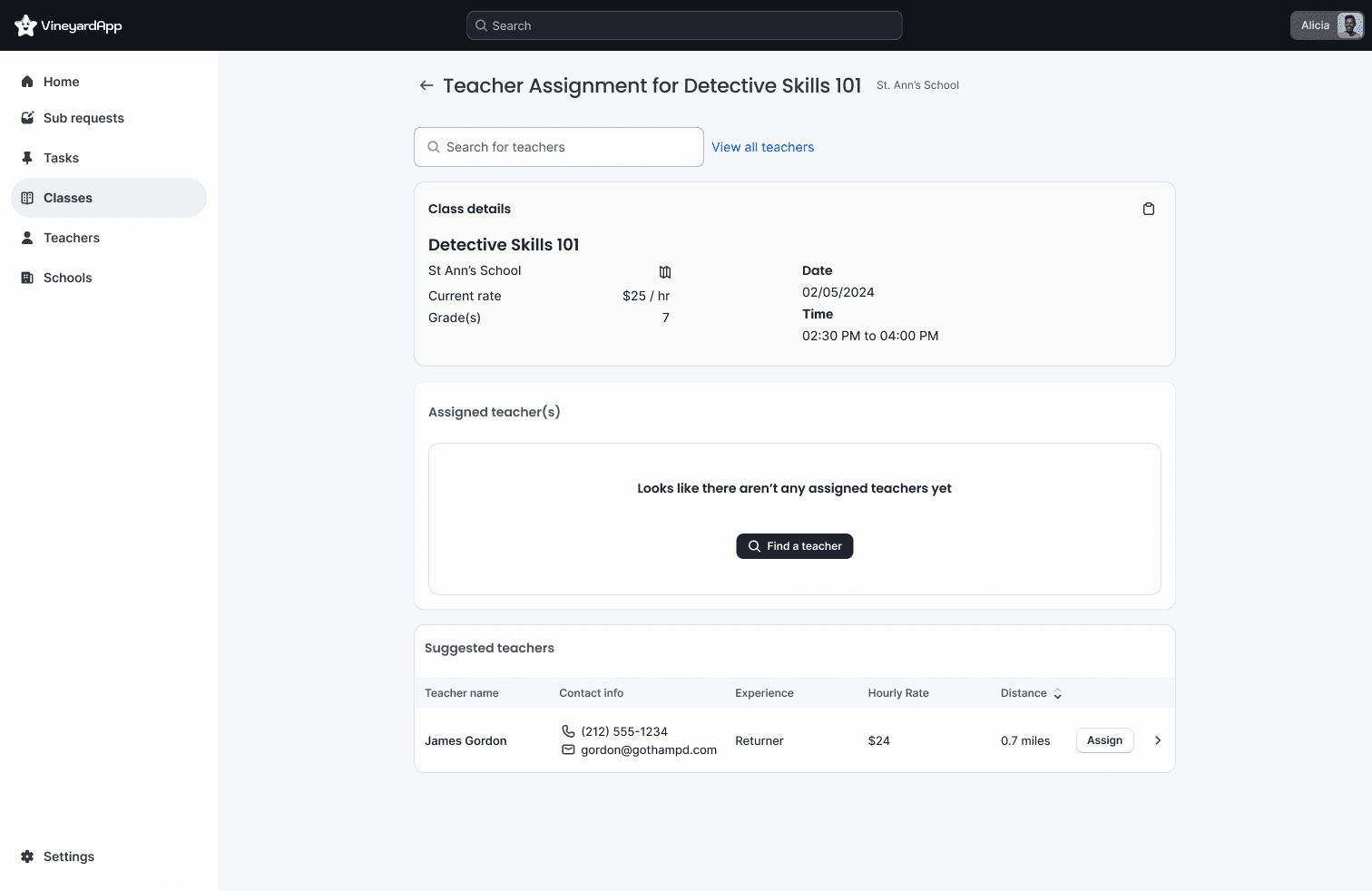 A computer screen displaying teacher assignment page