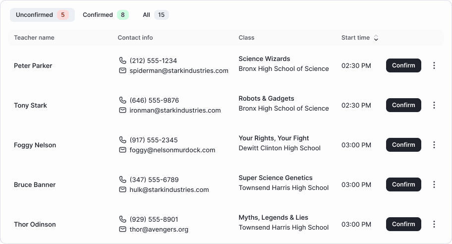 A computer screen displaying a list of teachers