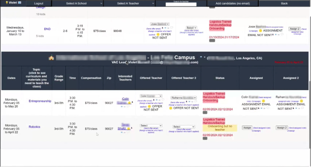 Screenshot of webpage showing a list of classes