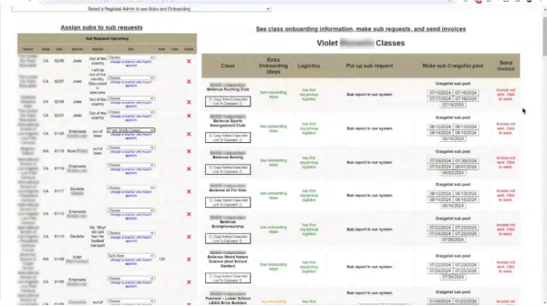 Screenshot of webpage showing a list of teachers